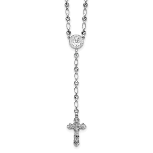 Sterling Silver Rhodium-plated Polished CZ and Diamond-cut Circles 25.5 inch Rosary Necklace QH5879-25.5