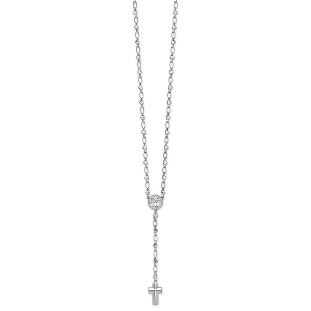 Sterling Silver Rhodium-plated CZ and Diamond-cut Heart Link with Cross Ash Holder 26.5 inch Rosary Necklace QH5880-26.5