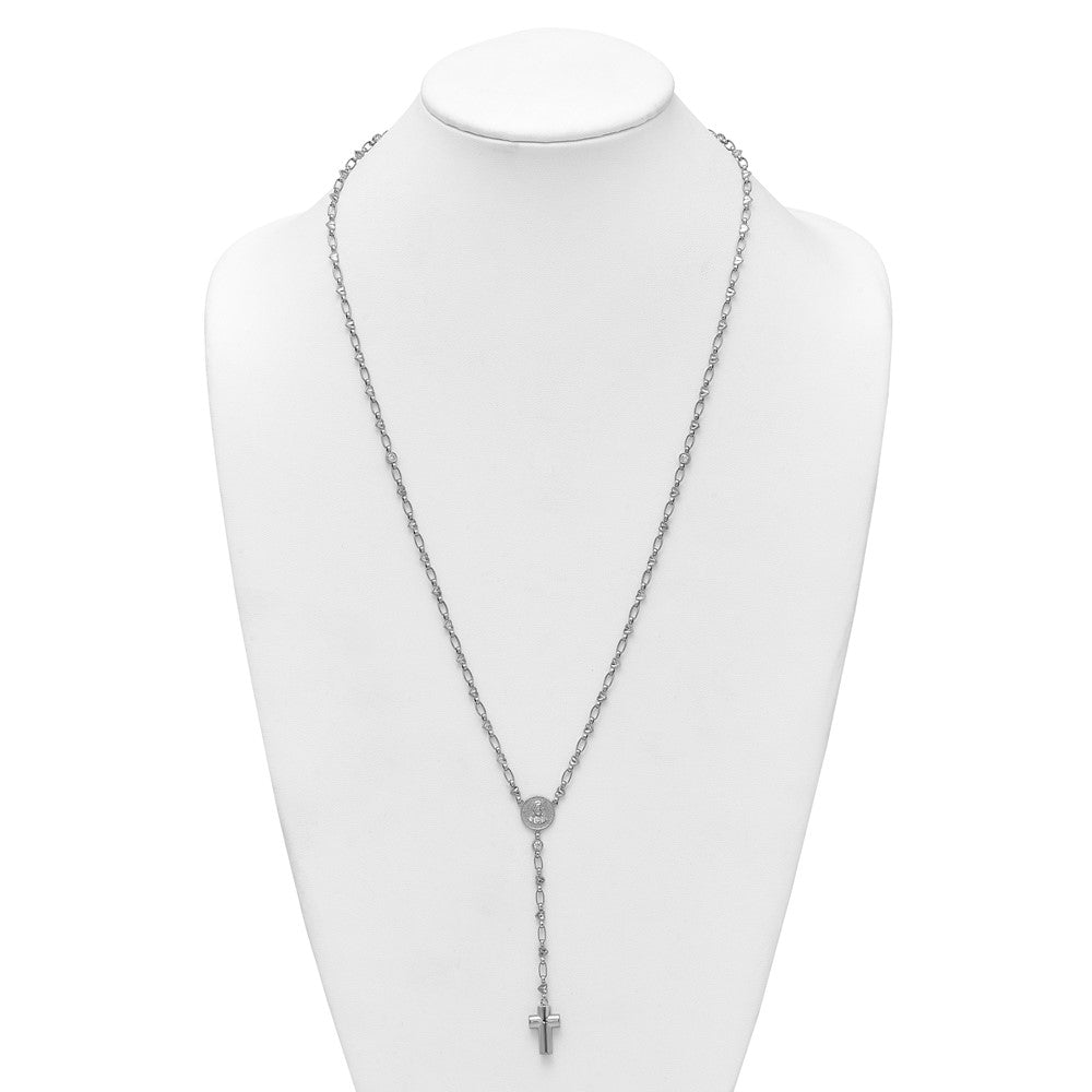 Sterling Silver Rhodium-plated CZ and Diamond-cut Heart Link with Cross Ash Holder 26.5 inch Rosary Necklace QH5880-26.5