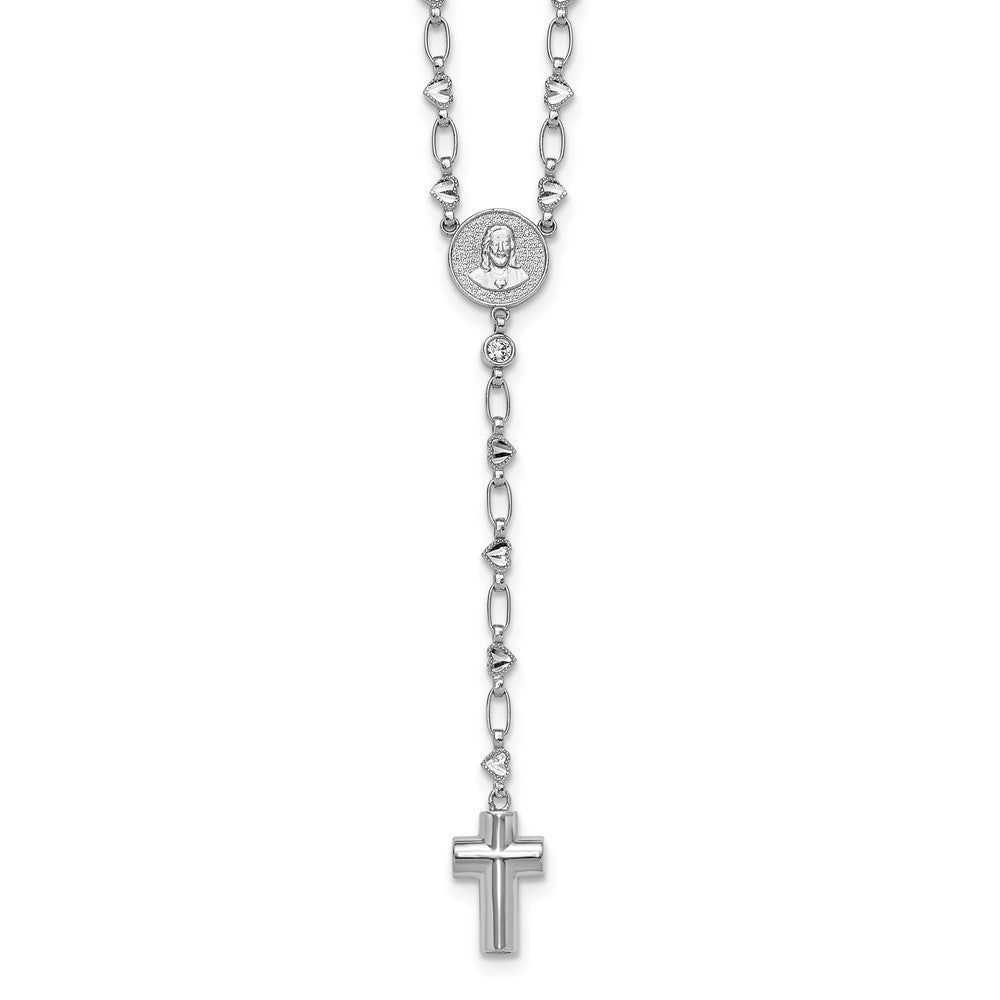 Sterling Silver Rhodium-plated CZ and Diamond-cut Heart Link with Cross Ash Holder 26.5 inch Rosary Necklace QH5880-26.5