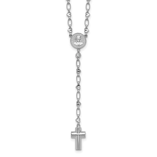 Sterling Silver Rhodium-plated CZ and Diamond-cut Heart Link with Cross Ash Holder 26.5 inch Rosary Necklace QH5880-26.5