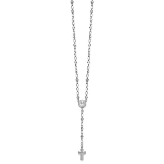 Sterling Silver Rhodium-plated CZ and Diamond-cut Heart and Cross Link with Cross Ash Holder 28.5 inch Rosary Necklace QH5881-28.5