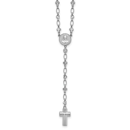 Sterling Silver Rhodium-plated CZ and Diamond-cut Heart and Cross Link with Cross Ash Holder 28.5 inch Rosary Necklace QH5881-28.5