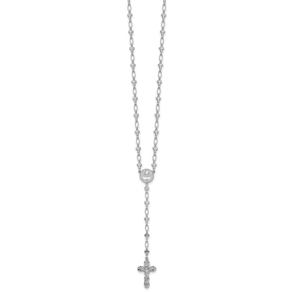 Sterling Silver Rhodium-plated Polished CZ and Diamond-cut Crosses 30.5 inch Rosary Necklace QH5882-30.5