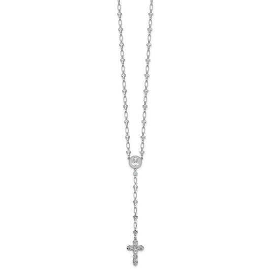 Sterling Silver Rhodium-plated Polished CZ and Diamond-cut Crosses 30.5 inch Rosary Necklace QH5882-30.5