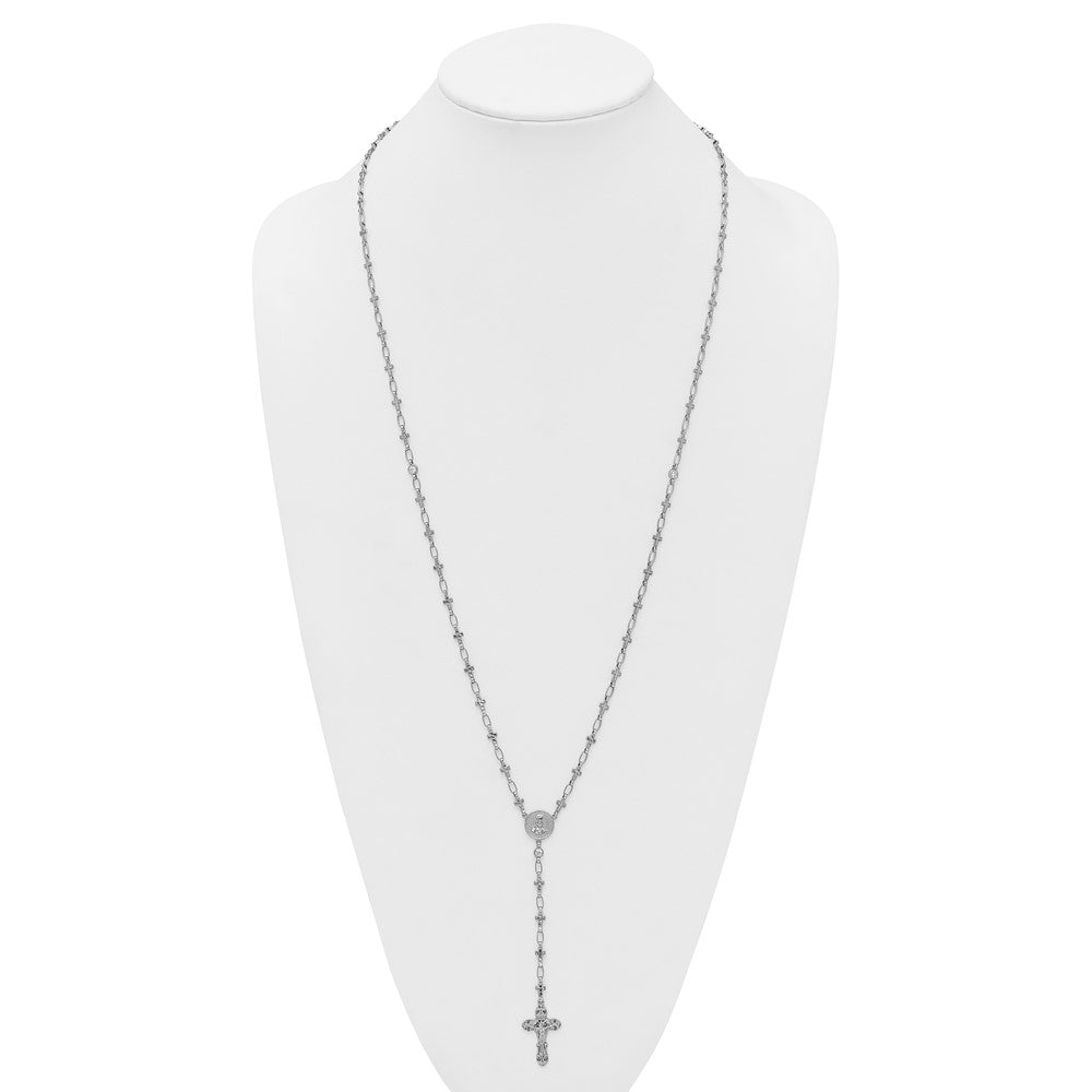 Sterling Silver Rhodium-plated Polished CZ and Diamond-cut Crosses 30.5 inch Rosary Necklace QH5882-30.5