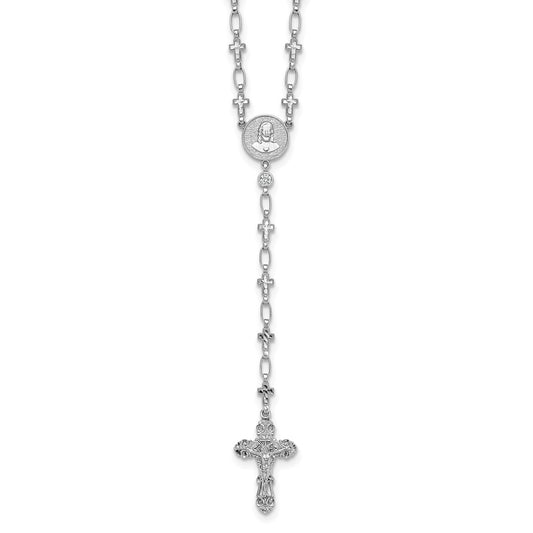 Sterling Silver Rhodium-plated Polished CZ and Diamond-cut Crosses 30.5 inch Rosary Necklace QH5882-30.5