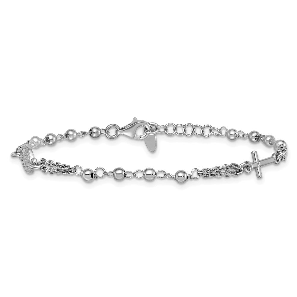 Sterling Silver Rhodium-plated 7.25 inch with 0.5 inch extender Rosary Themed Bracelet QH5884-7.25