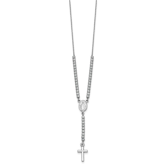 Sterling Silver Rhodium-plated Polished CZ 15.5 inch with 2 inch extender Rosary Necklace QH5885-15.5