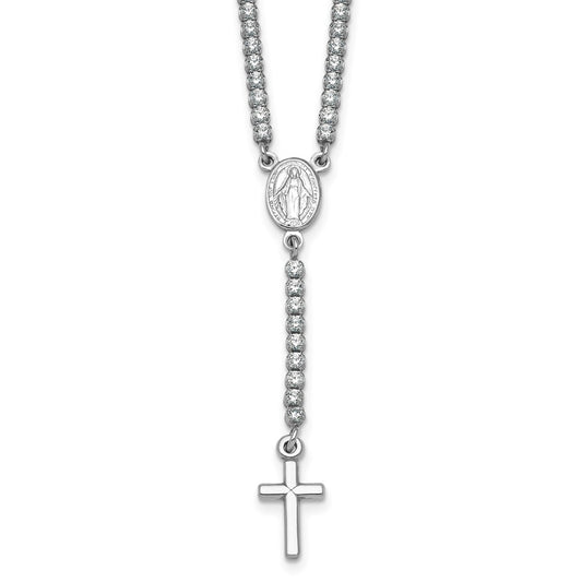 Sterling Silver Rhodium-plated Polished CZ 15.5 inch with 2 inch extender Rosary Necklace QH5885-15.5