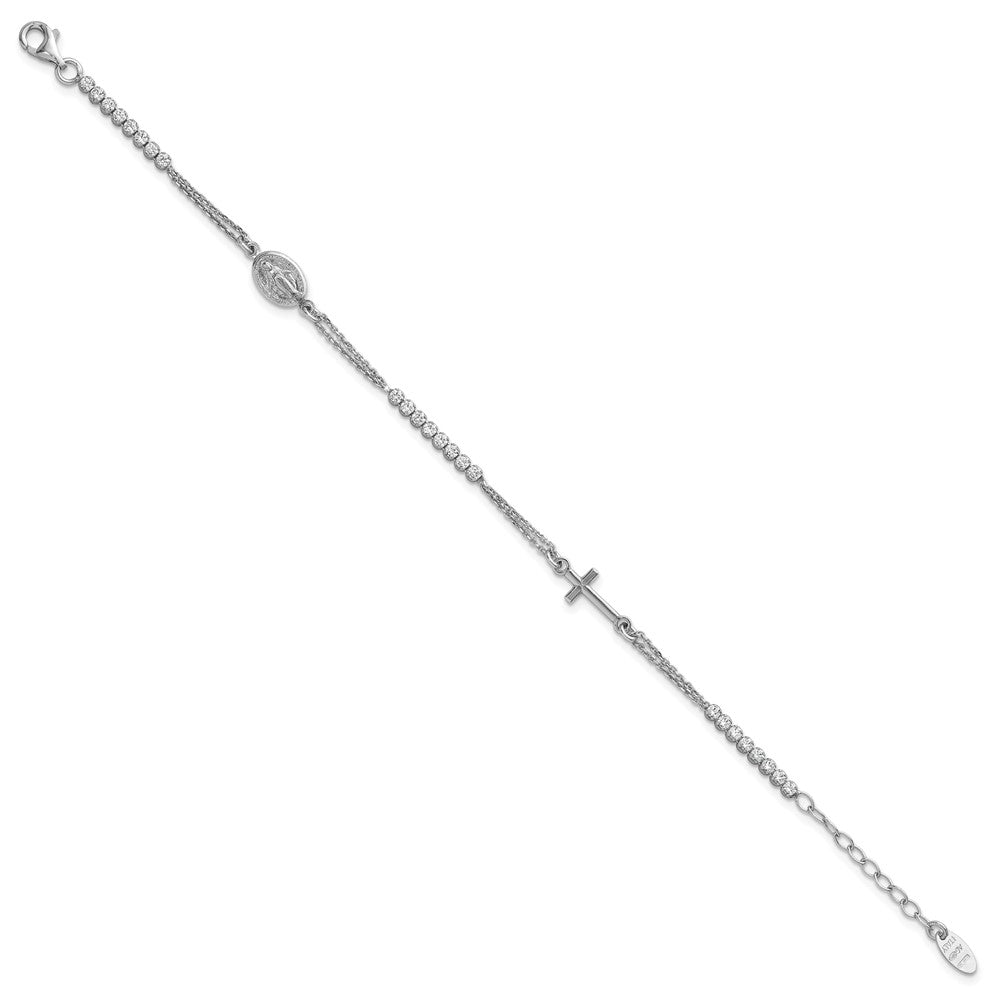 Sterling Silver Rhodium-plated Polished CZ 6.75 inch with 1.25 inch extender Rosary Bracelet QH5885-6.75