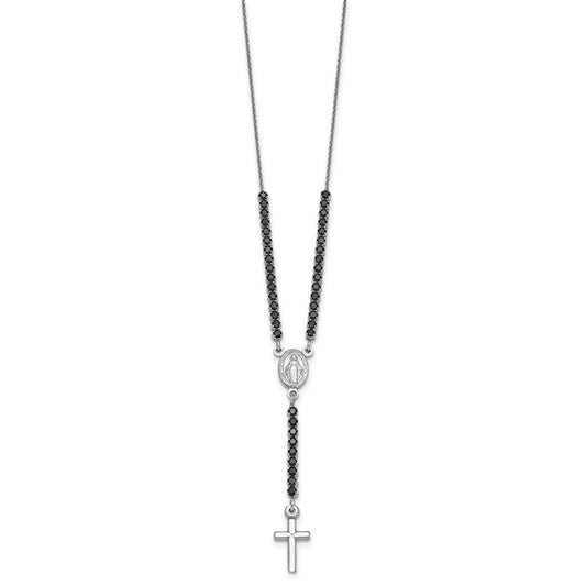 Sterling Silver Rhodium-plated Polished Black CZ 15.5 inch with 2 inch extender Rosary Necklace QH5886-15.5