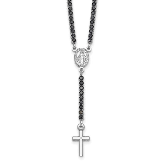 Sterling Silver Rhodium-plated Polished Black CZ 15.5 inch with 2 inch extender Rosary Necklace QH5886-15.5