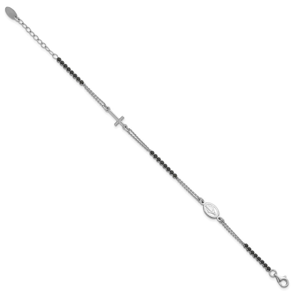 Sterling Silver Rhodium-plated Polished Black CZ 6.75 inch with 1.25 inch extender Rosary Bracelet QH5886-6.75