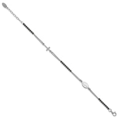 Sterling Silver Rhodium-plated Polished Black CZ 6.75 inch with 1.25 inch extender Rosary Bracelet QH5886-6.75