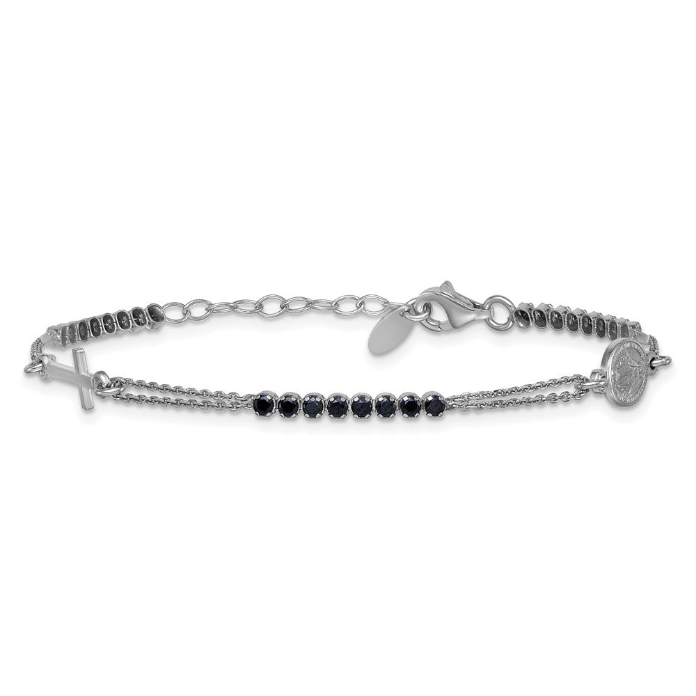 Sterling Silver Rhodium-plated Polished Black CZ 6.75 inch with 1.25 inch extender Rosary Bracelet QH5886-6.75