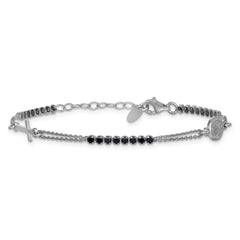 Sterling Silver Rhodium-plated Polished Black CZ 6.75 inch with 1.25 inch extender Rosary Bracelet QH5886-6.75