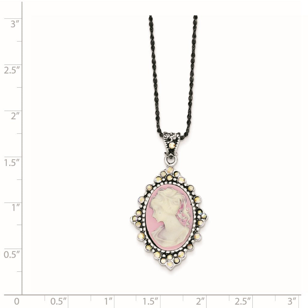 Sterling Silver Antiqued Pink Resin Cameo w/Crystal Necklace QH788-16