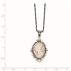 Sterling Silver Antiqued Pink Resin Cameo w/Crystal Necklace QH788-16