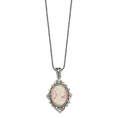 Sterling Silver Antiqued Pink Resin Cameo w/Crystal Necklace QH788-16
