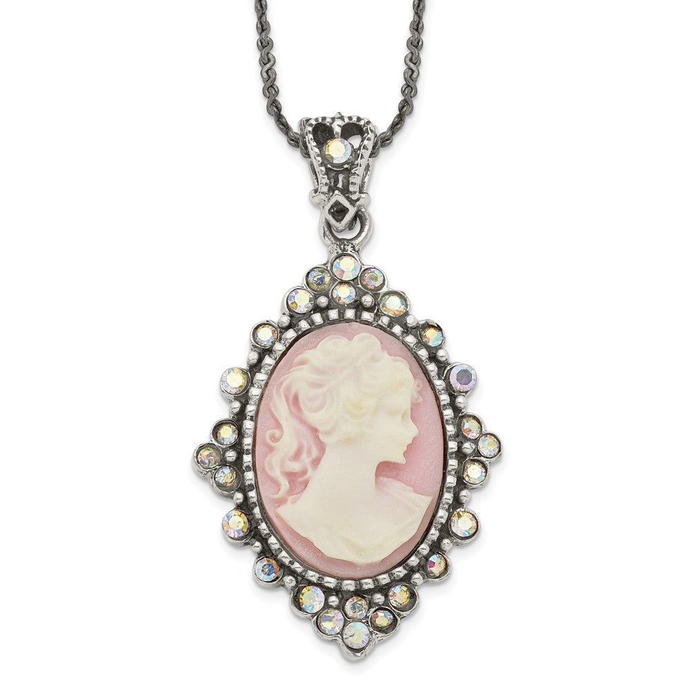 Sterling Silver Antiqued Pink Resin Cameo w/Crystal Necklace QH788-16