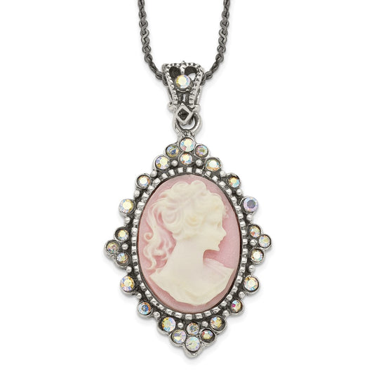 Sterling Silver Antiqued Pink Resin Cameo w/Crystal Necklace QH788-16