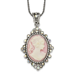Sterling Silver Antiqued Pink Resin Cameo w/Crystal Necklace QH788-16