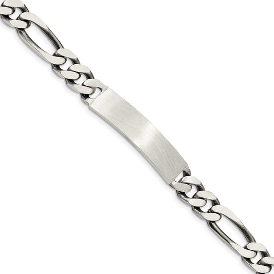 Sterling Silver 8inch Engraveable Antiqued Figaro Link ID Bracelet QID127-7