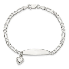 Sterling Silver Polished Figaro ID Heart Dangle Bracelet QID210-7.5