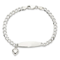 Sterling Silver Polished Curb Link ID Heart Dangle Bracelet QID212-7.5