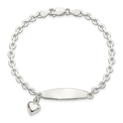Sterling Silver Polished Rolo Link ID Heart Dangle Bracelet QID213-7.5