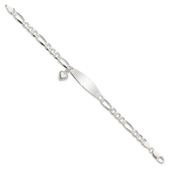 Sterling Silver Polished Figaro ID Heart Dangle Bracelet QID214-7.5