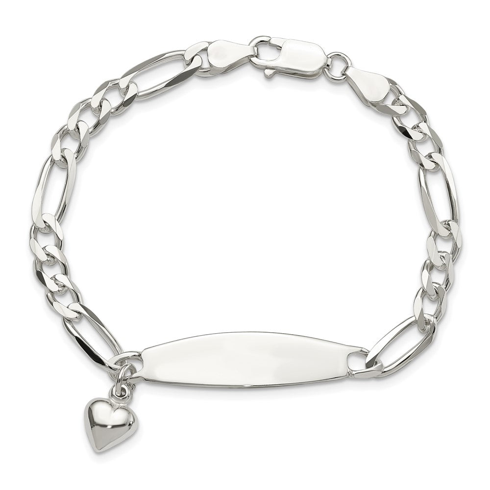 Sterling Silver Polished Figaro ID Heart Dangle Bracelet QID214-7.5