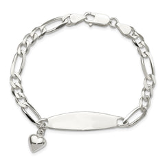 Sterling Silver Polished Figaro ID Heart Dangle 8.5in Bracelet QID214-7.5