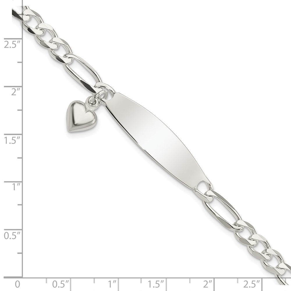 Sterling Silver Polished Figaro ID Heart Dangle Bracelet QID214-7.5