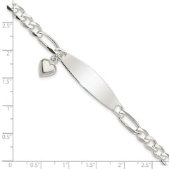 Sterling Silver Polished Figaro ID Heart Dangle Bracelet QID214-7.5