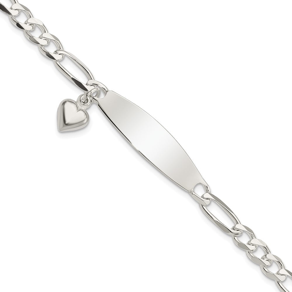Sterling Silver Polished Figaro ID Heart Dangle Bracelet QID214-7.5