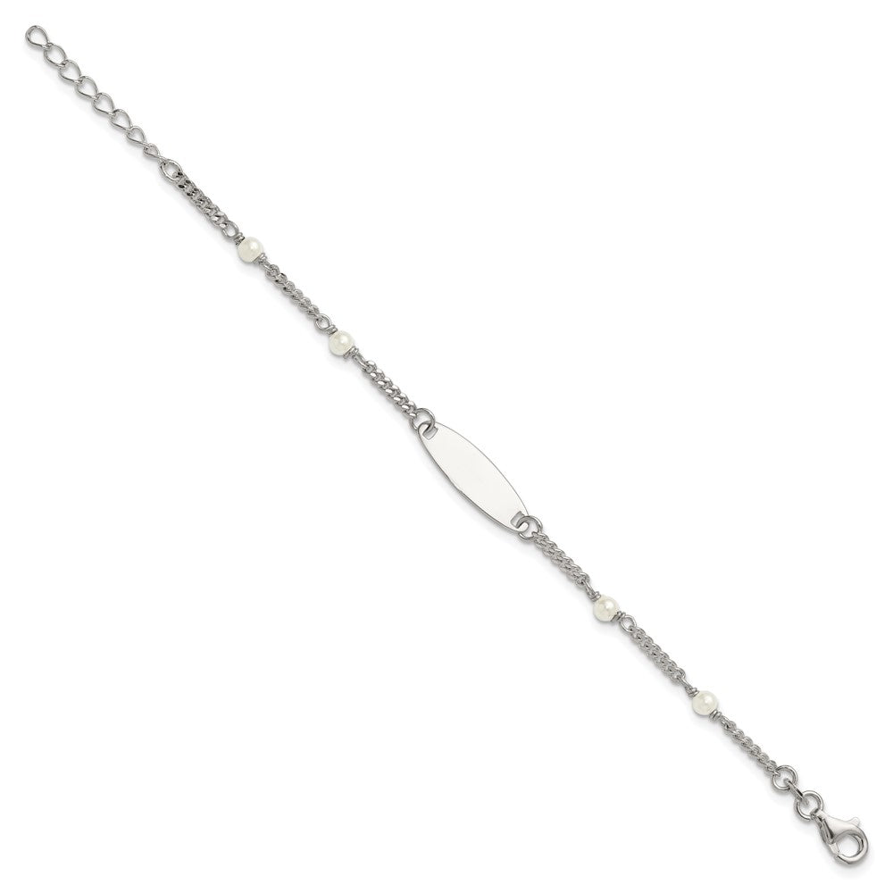 Sterling Silver Polished Curb Link and Acrylic Pearl 5 inch with 1 inch Extension Childrens ID Bracelet QID266-5