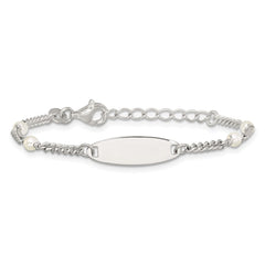 Sterling Silver Polished Curb Link and Acrylic Pearl 5 inch with 1 inch Extension Childrens ID Bracelet QID266-5