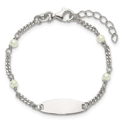 Sterling Silver Polished Curb Link and Acrylic Pearl 5 inch with 1 inch Extension Childrens ID Bracelet QID266-5