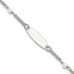 Sterling Silver Polished Curb Link and Acrylic Pearl 5 inch with 1 inch Extension Childrens ID Bracelet QID266-5