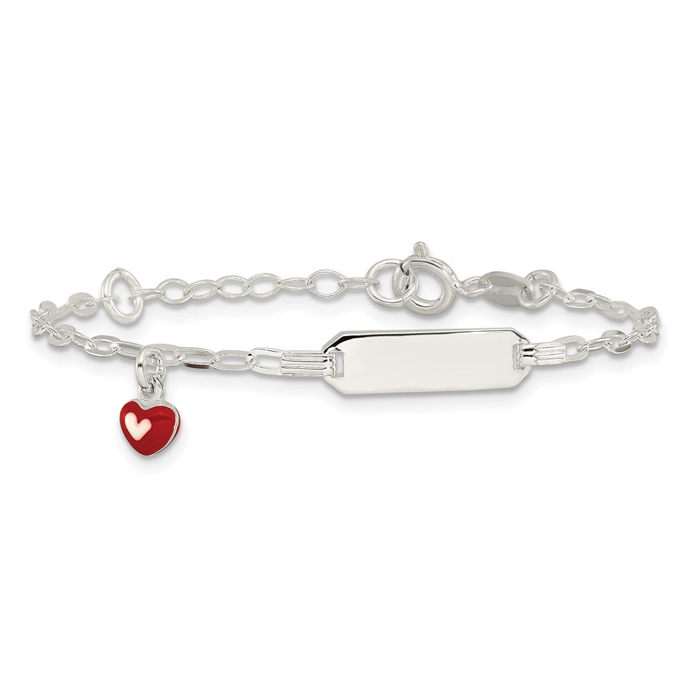 Sterling Silver Polished Red and White Enameled Heart Charm 5 inch with 1 inch extension Childrens ID Bracelet QID267-5