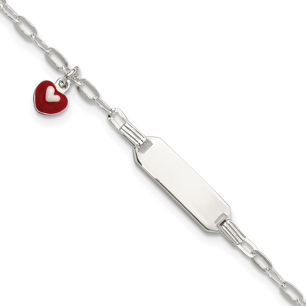 Sterling Silver Polished Red and White Enameled Heart Charm 5 inch with 1 inch extension Childrens ID Bracelet QID267-5