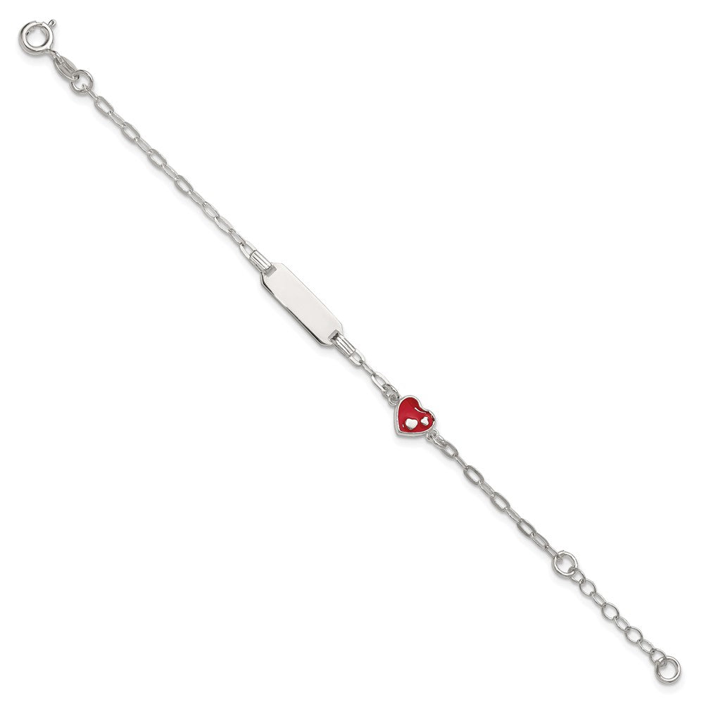 Sterling Silver Polished Red and White Enameled Heart 5 inch with 1 inch extension Childrens ID Bracelet QID268-5