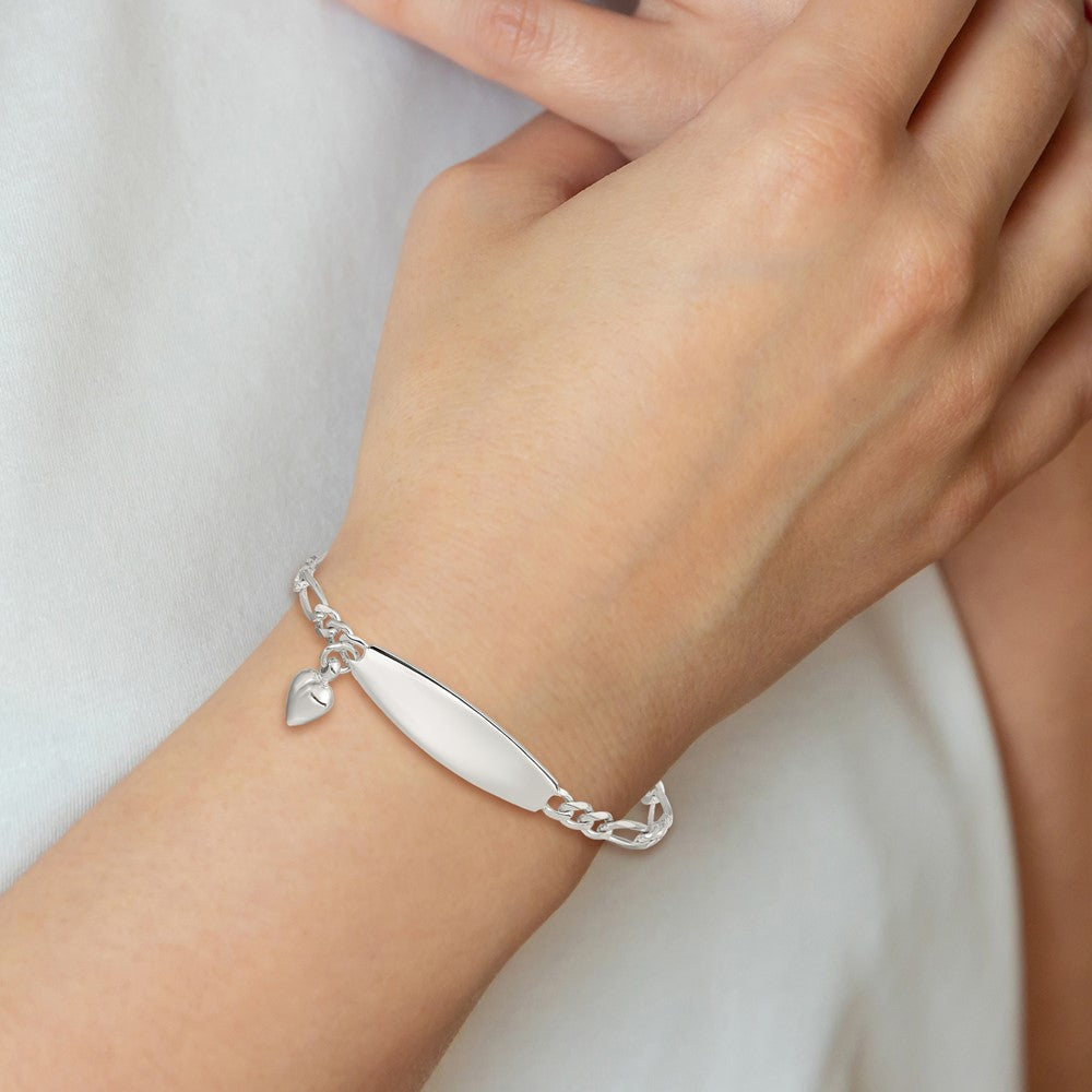 Sterling Silver ID with Heart Figaro Link 8in Bracelet QID4-7