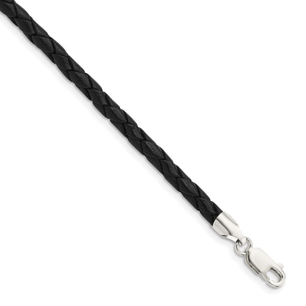 Sterling Silver 18inch 4mm Black Leather Braided NecklaceQK89-16