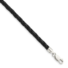 Sterling Silver 18inch 4mm Black Leather Braided NecklaceQK89-16