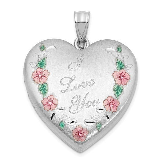 Sterling Silver Rh-plated Satin Epoxy I Love You Floral 24mm Heart Locket QLS1120