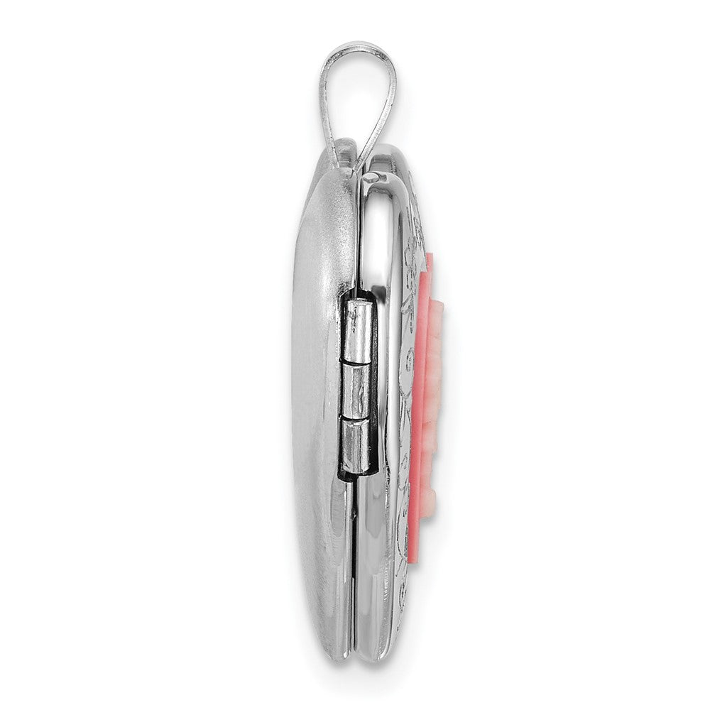 Sterling Silver Rhodium-plated Polished Front/Brushed Back Pink Flowers Resin Cameo 20mm Heart Locket QLS1217