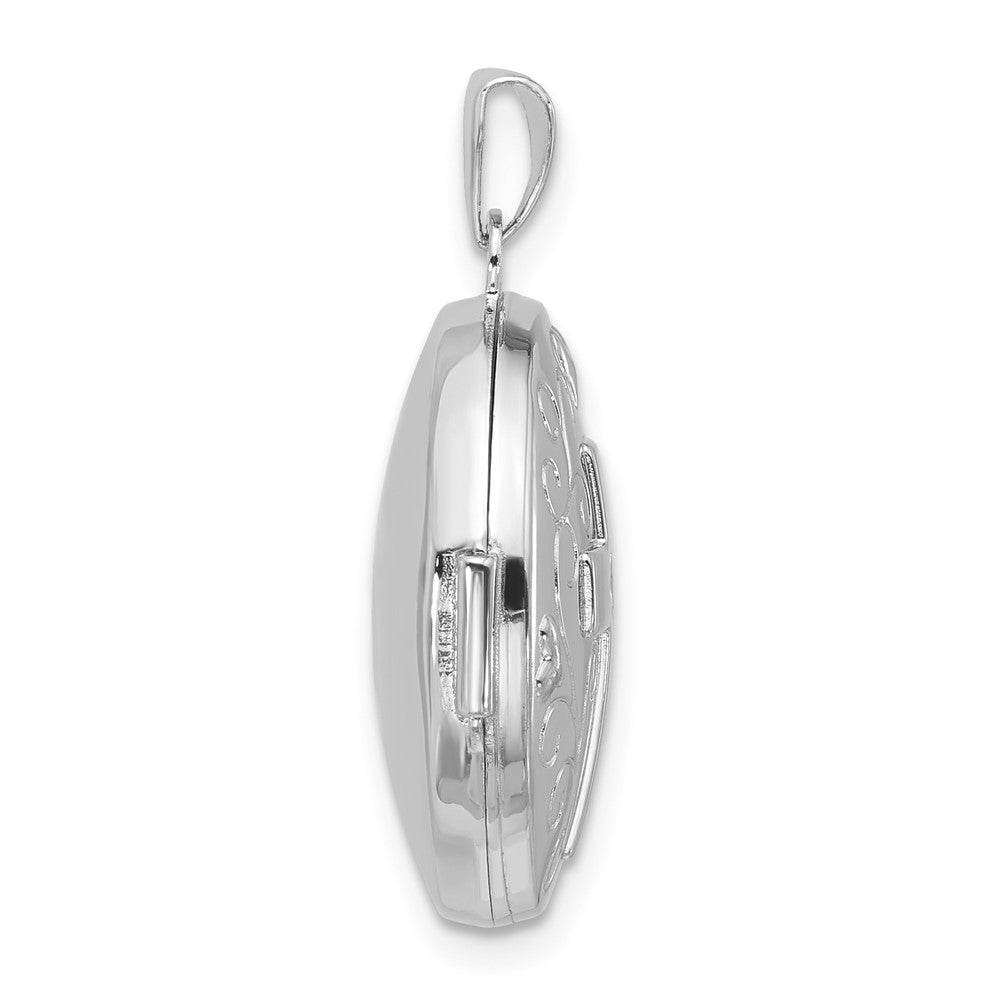 Sterling Silver Rhodium-plated Half Point Diamond Cross 20mm Scrolled Round Locket QLS1242
